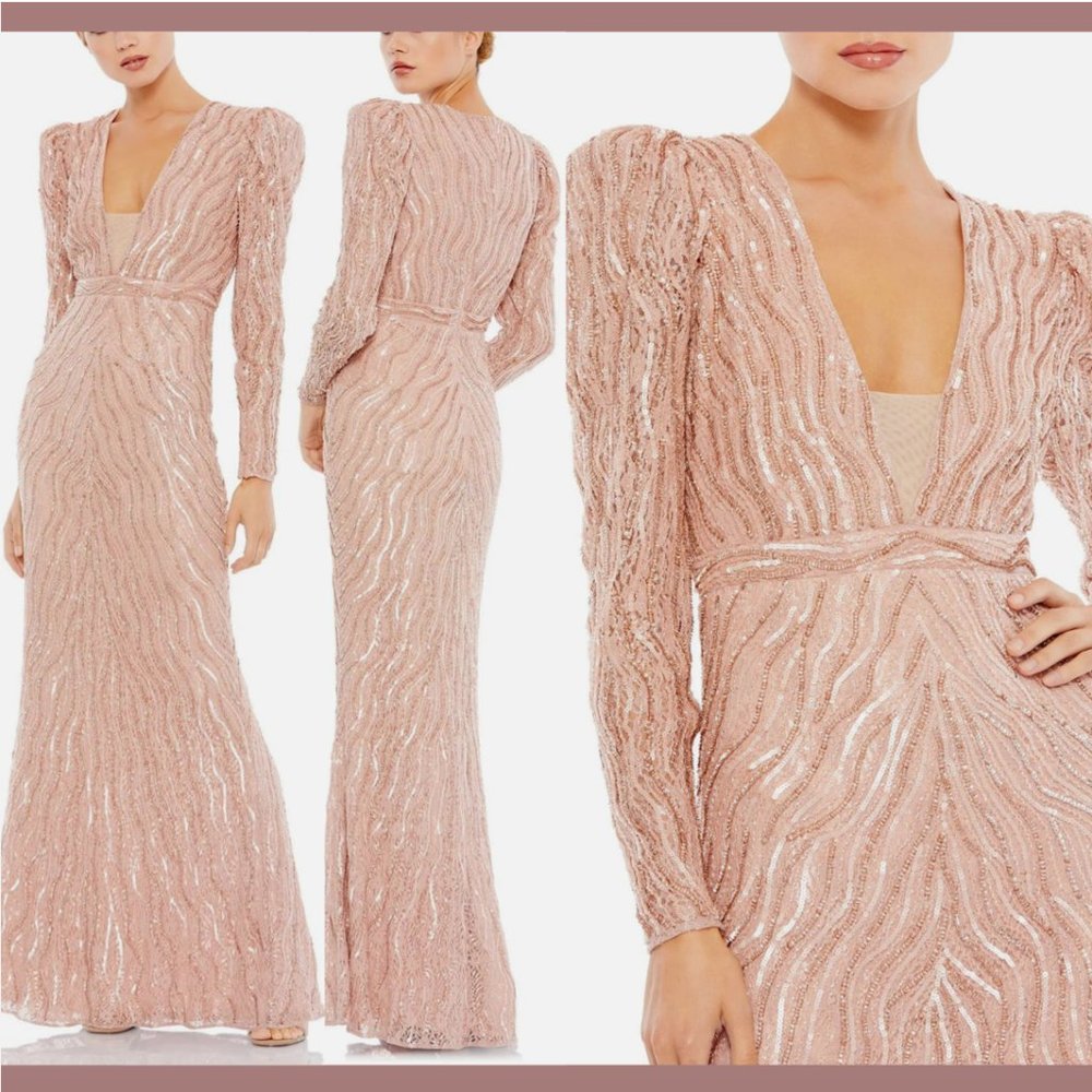NWT $598 Mac Duggal [ 18 ] Beaded Puff Sleeve‎ Lace Trumpet Gown in Mocha #Q506